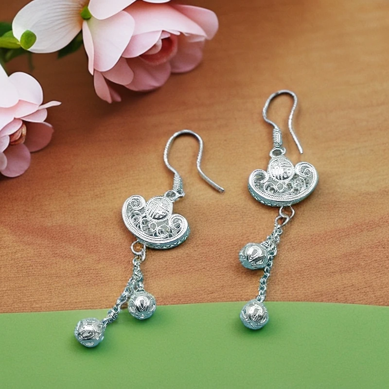 足银耳饰 佬银匠 纯手工拉丝元宝福锁百搭民族风复古耳饰素款