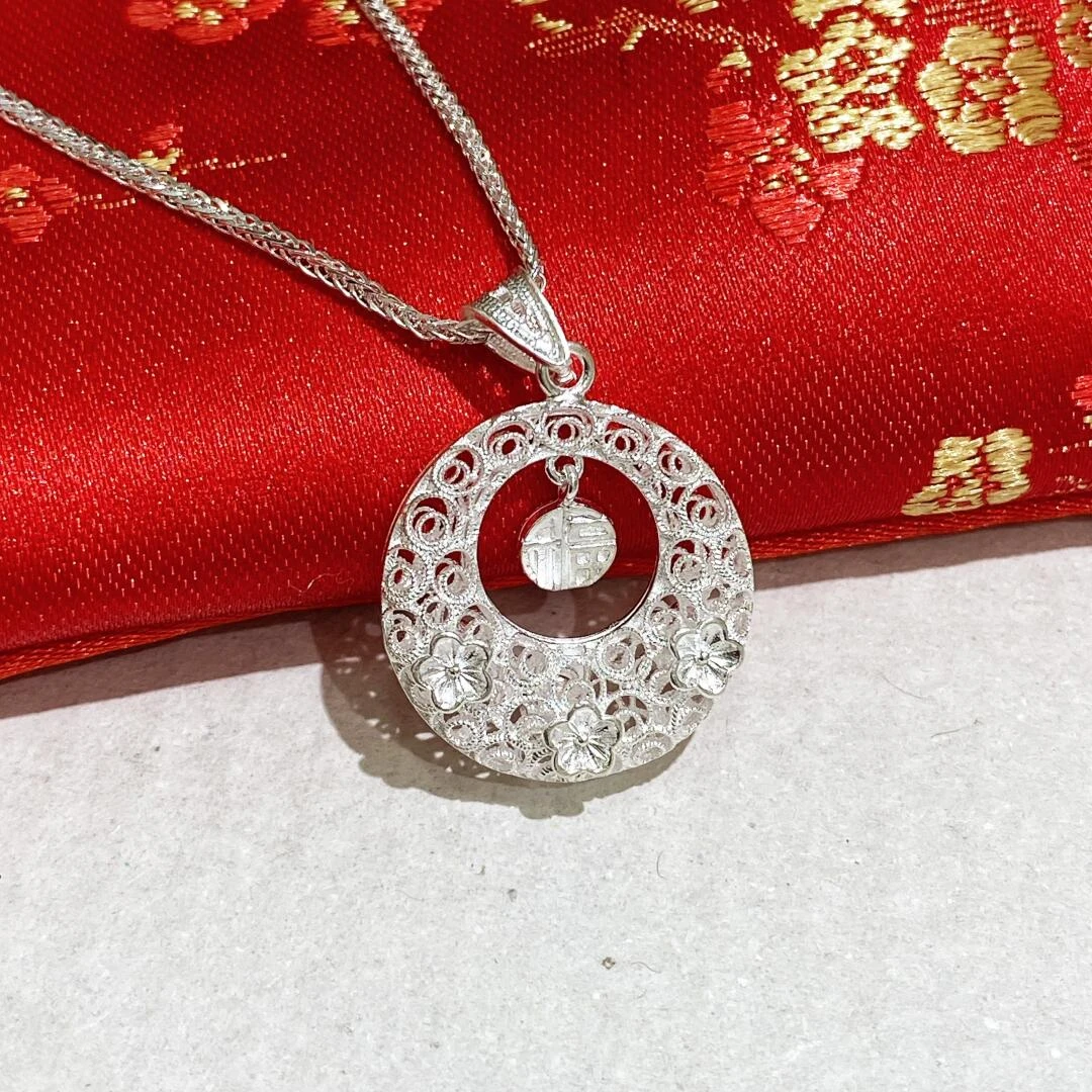 坠链均足银 佬银匠 纯手工花丝梅花福字平安扣套链项链个性百搭