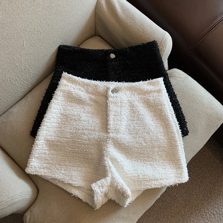 小个子黑色高腰显瘦A字粗毛呢外穿短裤女早秋小香风百搭休闲裤子