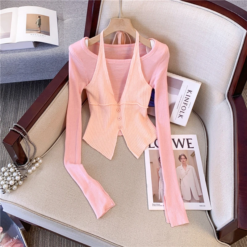 韩系温柔风圆领毛衣假两件女秋冬新款修身温柔甜美系保暖高级针织