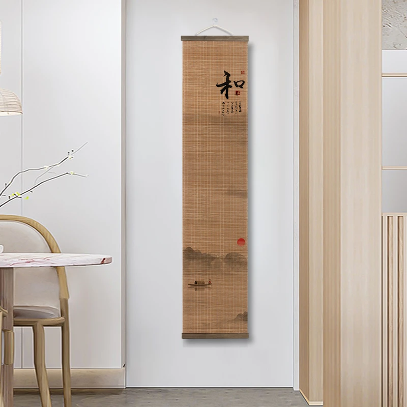 竹编挂画禅意山水书法国画卷轴玄关客厅装饰画家居茶室挂墙字画