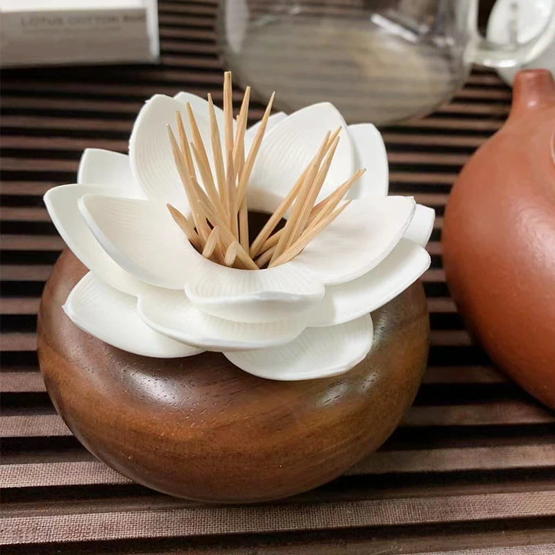 莲花家用牙签筒创意轻奢牙签盒高颜值中式荷花牙签桶高档棉棒盒