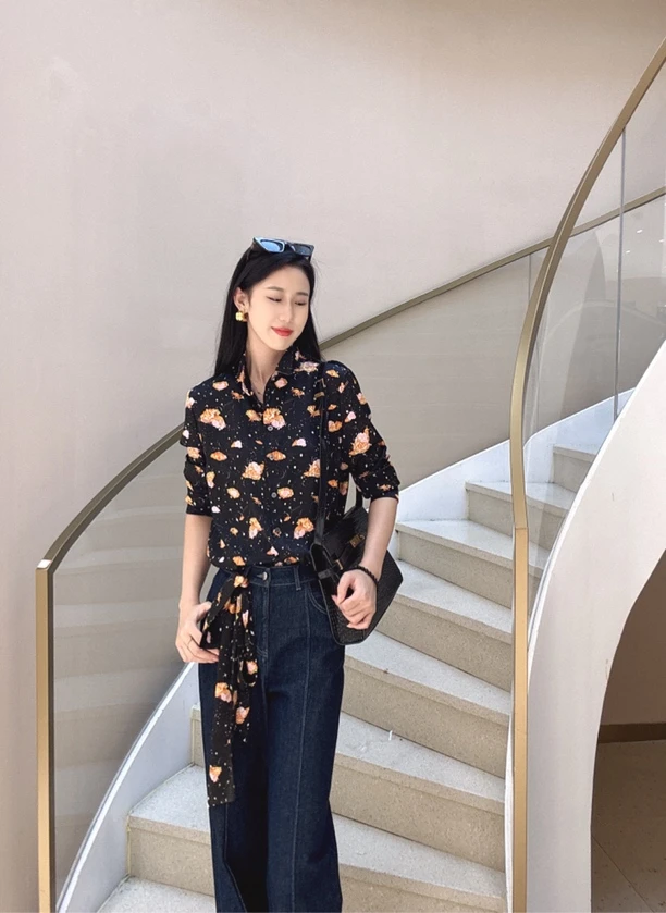 mithworld上衣｜✨奇趣印花系带宽松长袖衬衫5542