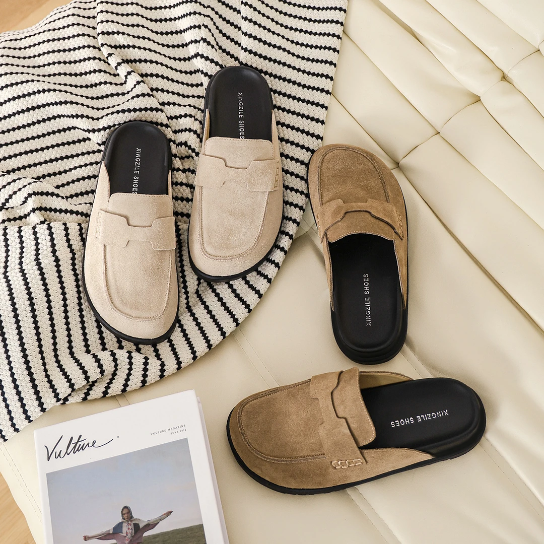 真皮二舅博肯鞋女包头半拖鞋2024年新款春夏天外穿软底厚底懒人鞋