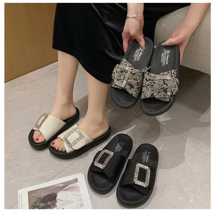 国风印花钻扣女款外穿新款百搭配裙子时尚一字拖鞋T39