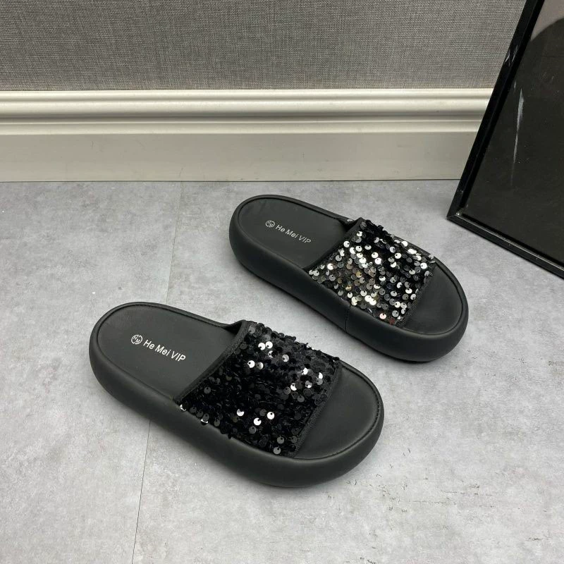 新款女鞋夏季舒适百搭露趾厚底亮片休闲拖鞋8861-1