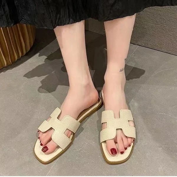 网红爆款方头夏季新款法式平底沙滩度假一字拖鞋666(平底拖鞋)