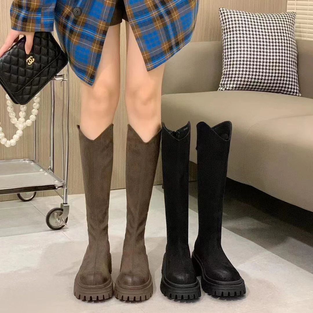欧洲站瘦瘦弹力靴秋冬圆头厚底绒面不过膝高筒长靴潮M20(不加绒)