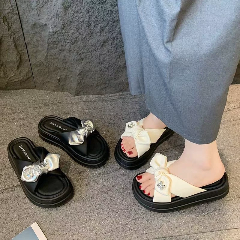 女夏外穿厚底新款仙女风蝴蝶结软底时尚一字拖鞋3071