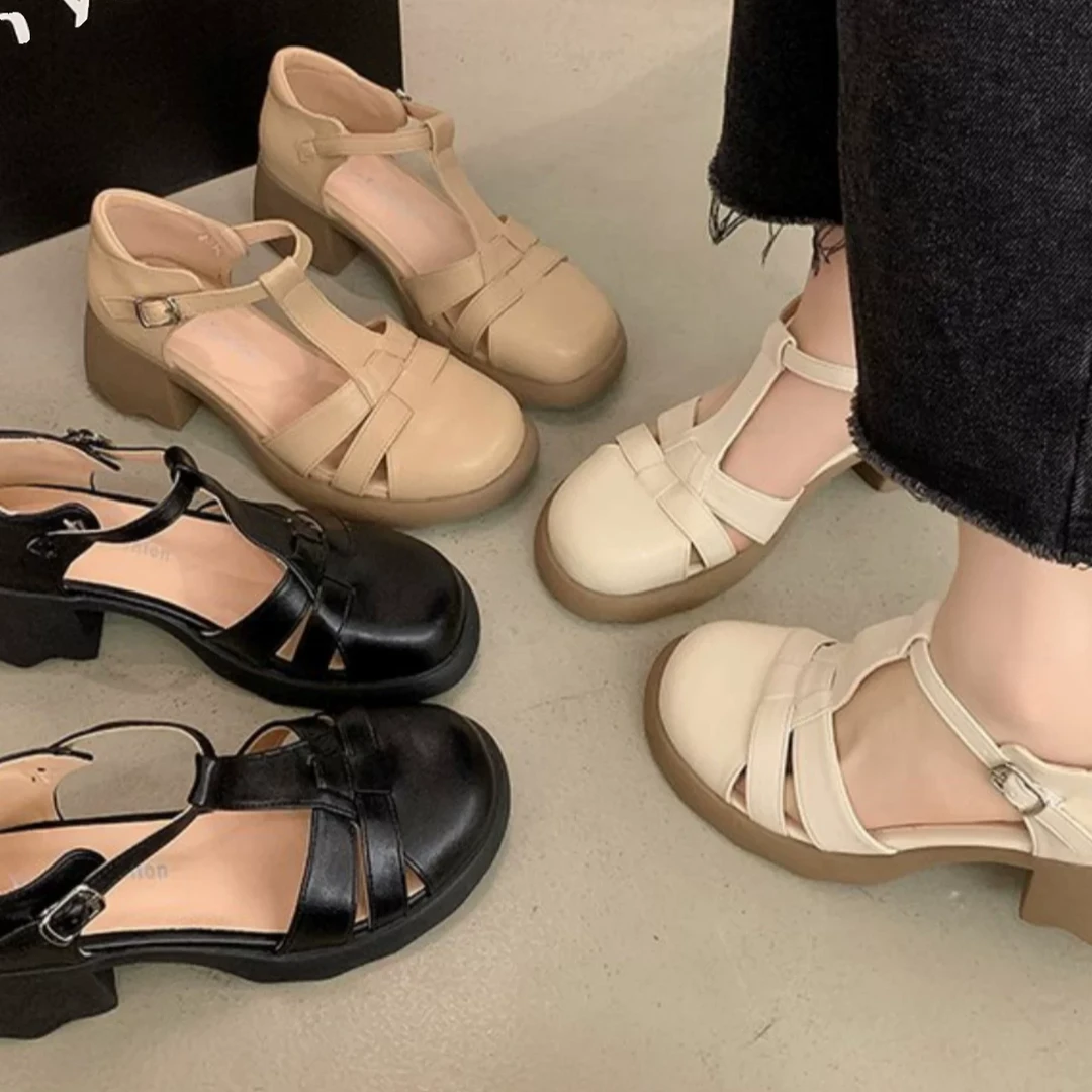 法式复古女镂空猪笼夏季中跟粗跟丁字带包头凉鞋2870或H0902