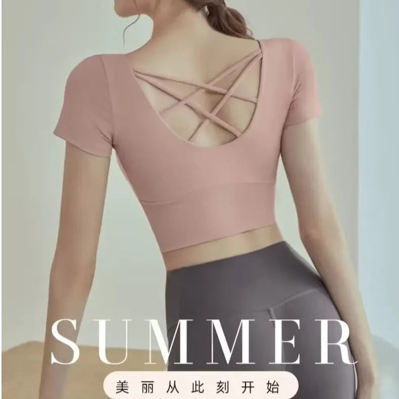 瑜伽服女2023新款带胸垫短袖运动健身普拉提训练服上衣高级感套装