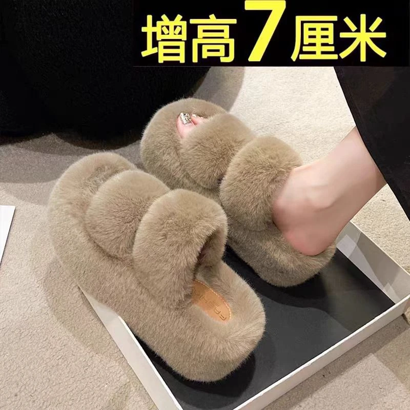 秋冬新款双杠毛毛拖鞋网红时尚ins居家防滑厚底女款一字拖毛毛鞋