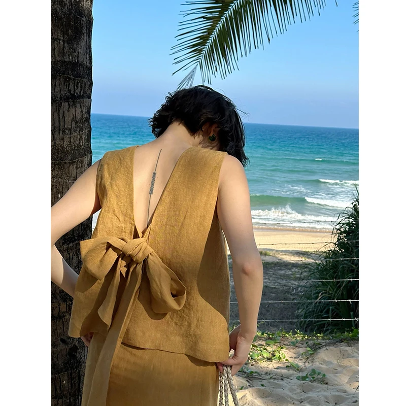 夏季度假风别致露背蝴蝶结背心小清新黄色减龄半身裙时尚套装女装