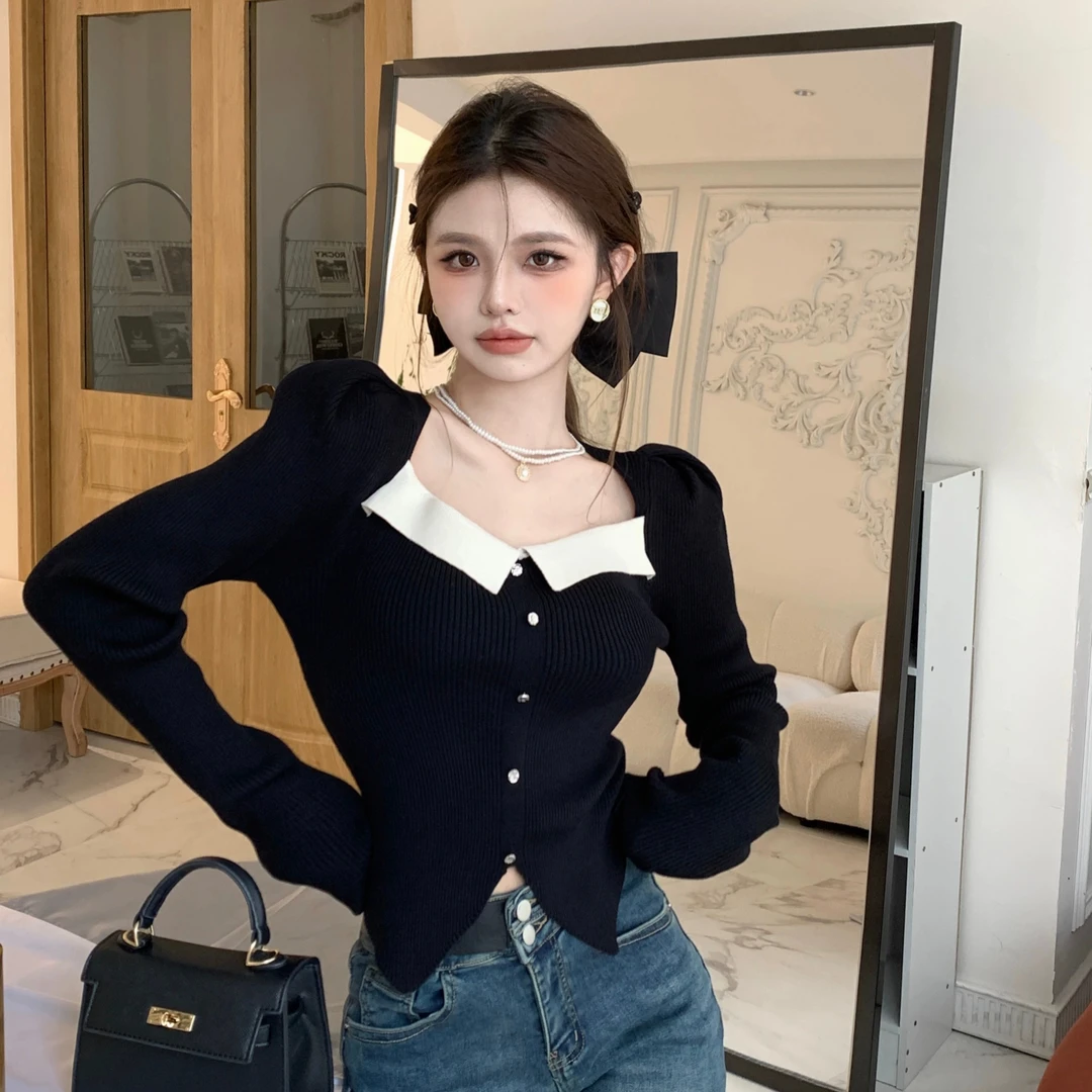 纯欲气质显瘦小众拼色方领泡泡袖长袖内搭打底衫针织衫上衣729