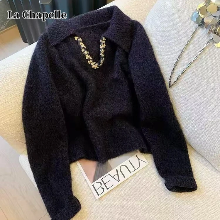 拉夏贝尔法式亮片钉珠V领毛衣秋冬新款慵懒风时尚宽松百搭针织衫