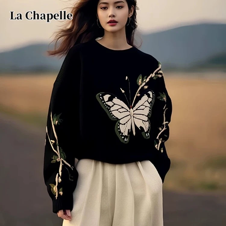拉夏贝尔黑色蝴蝶印花毛衣宽松针织衫2024秋季新款独特别致上衣女