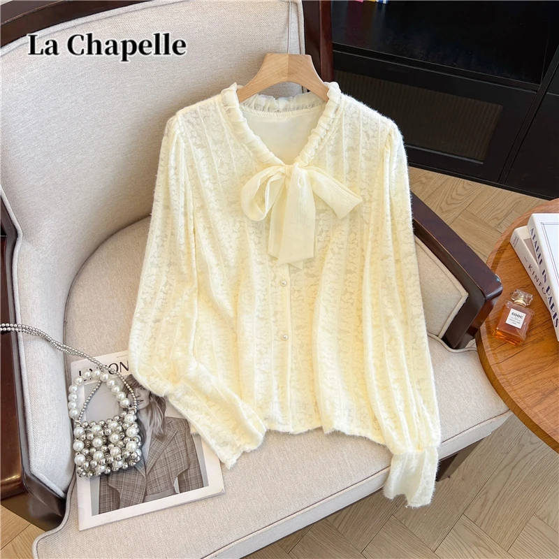 拉夏贝尔法式蝴蝶结飘带蕾丝衬衫女2024新款打底长袖上衣别致小衫
