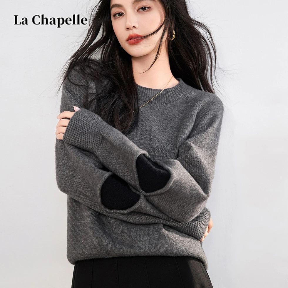 拉夏贝尔慵懒风时尚拼接破洞撞色拼色圆领长袖针织宽松加厚毛衣女