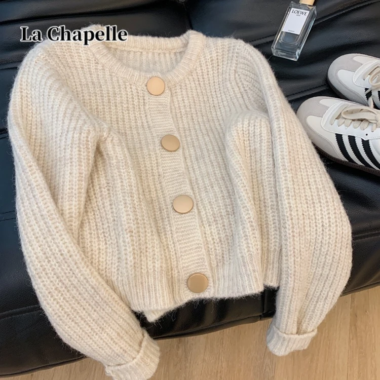 拉夏贝尔气质秋新款法式复古宽松慵懒风高级感女加厚开衫上衣圆领