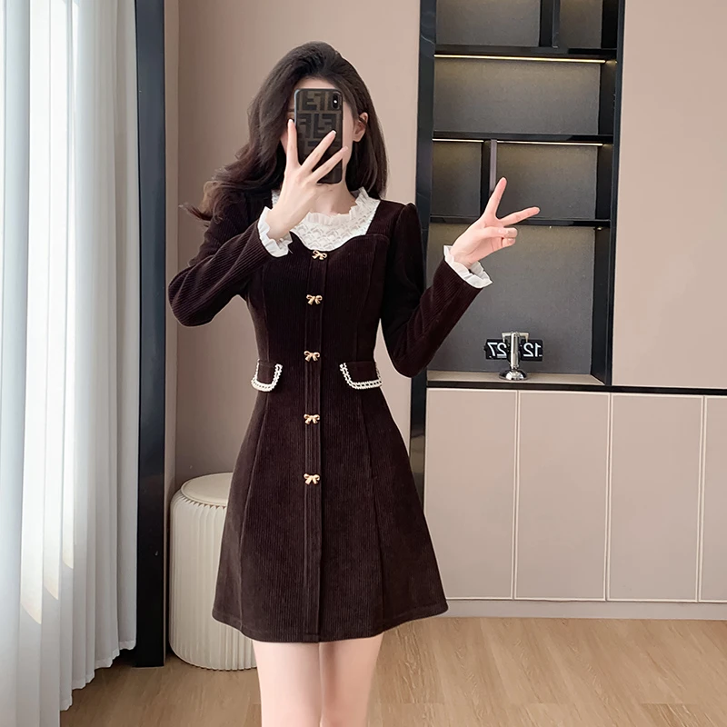 法式小香风复古女秋冬收腰显瘦内搭打底灯芯绒假两件连衣裙气质