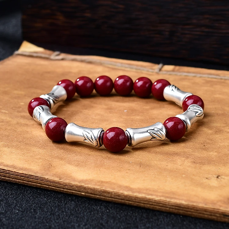 含辰砂工艺品Z44足银竹节手链紫金砂手链上岸竹节朱砂手串