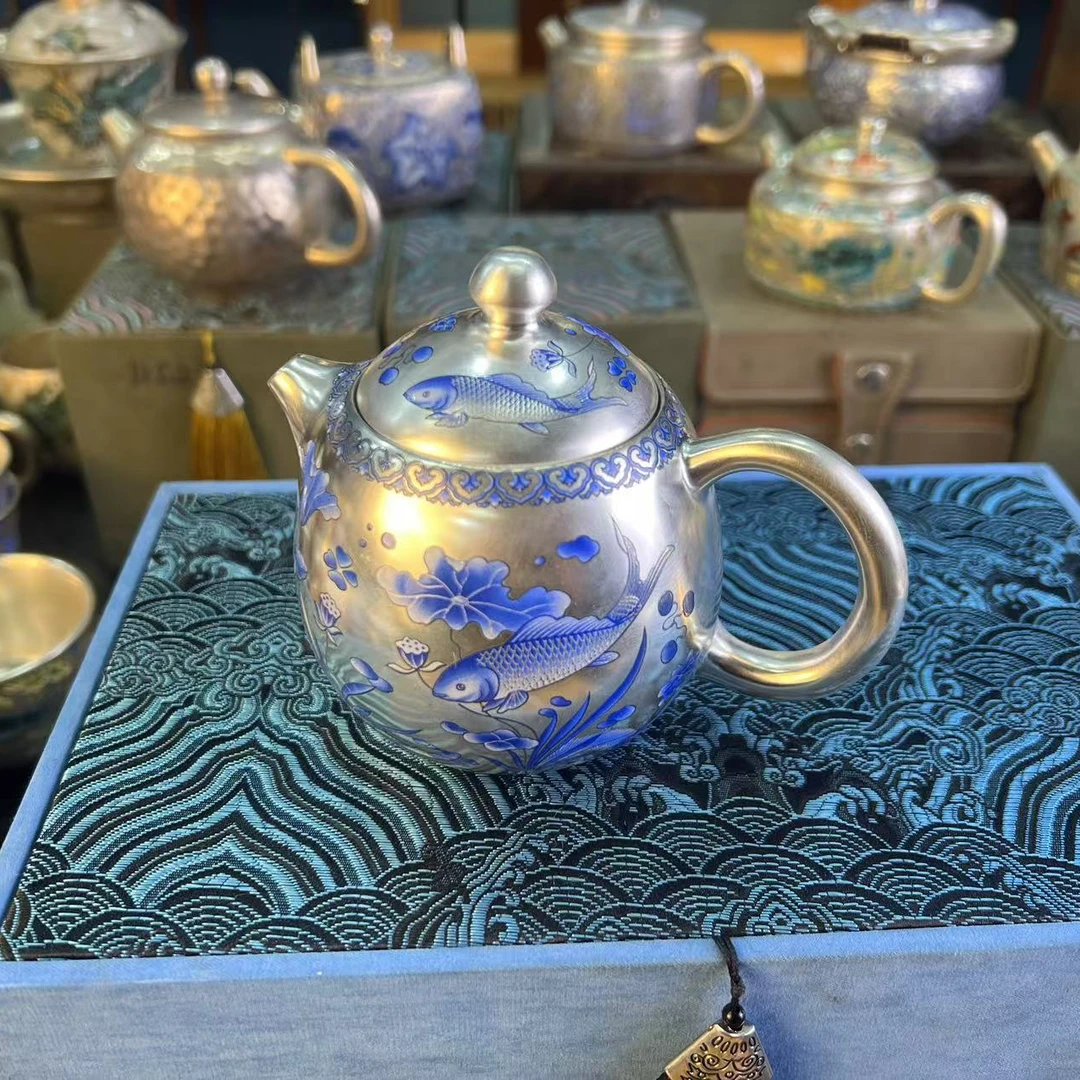 青花鱼藻纹银壶A11111