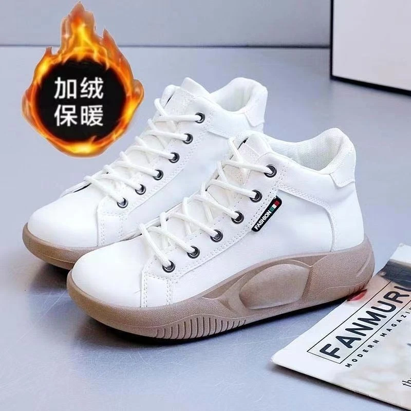 35-43大码女鞋冬皮面高帮鞋41高街ins厚底小白鞋加绒休闲百搭平底