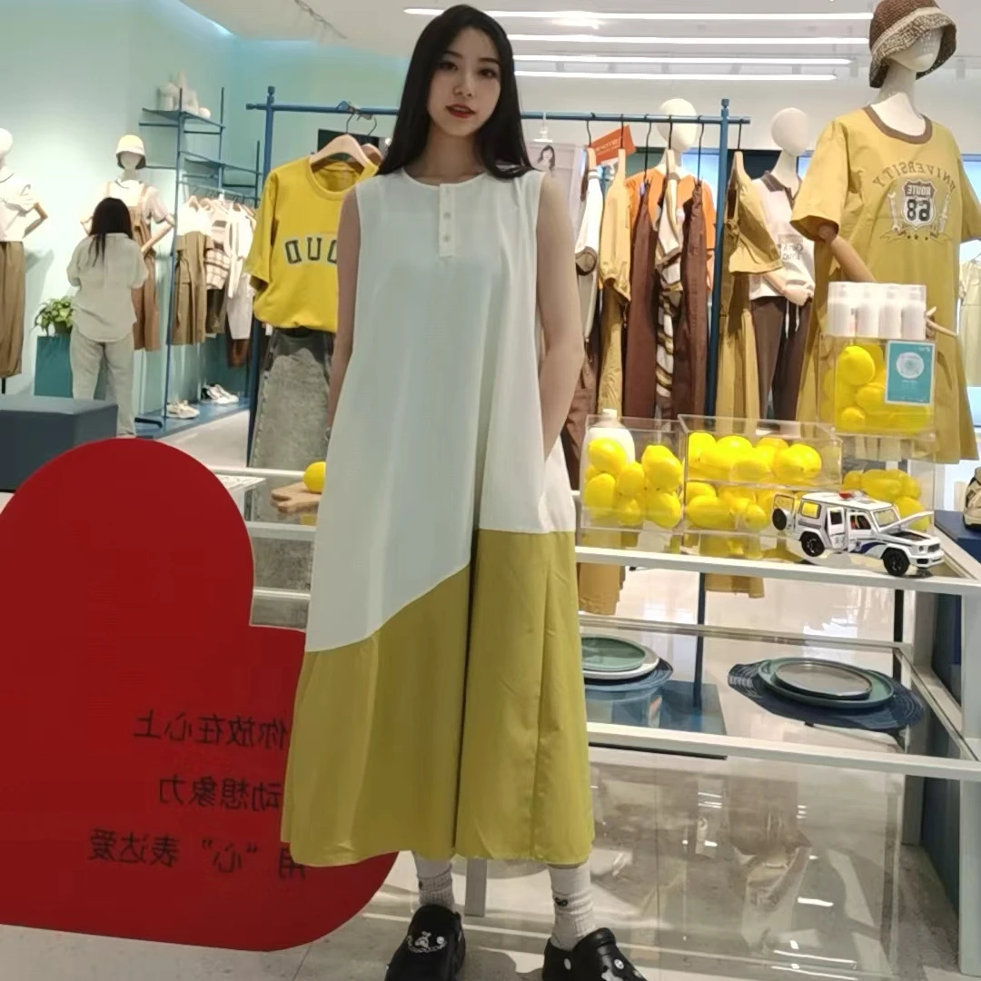 无袖宽松拼色连衣裙