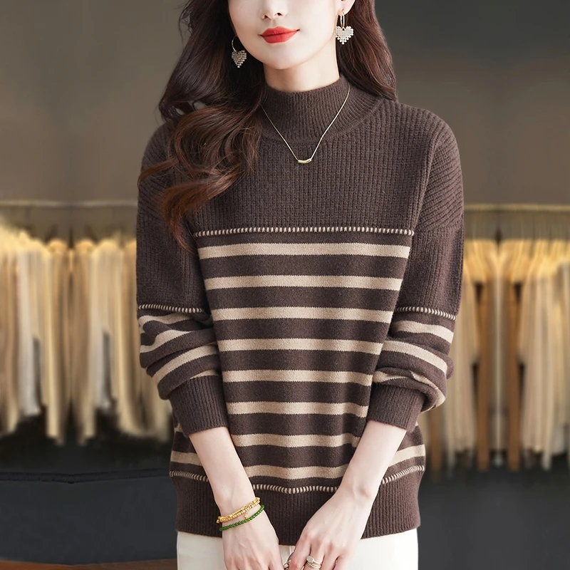 胖mm秋冬大码半高领条纹毛衣女2024新款遮肚子内搭针织打底羊毛衫