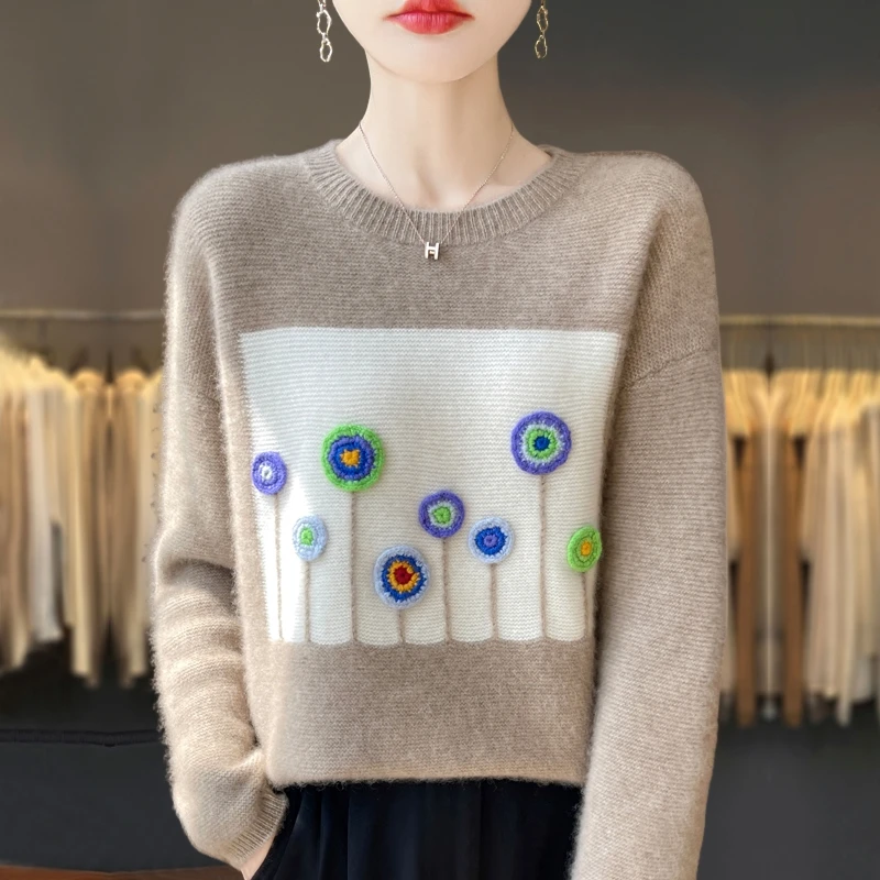 圆领100纯羊毛衫女胖mm秋冬大码毛衣遮肚子内搭可外穿针织打底衫