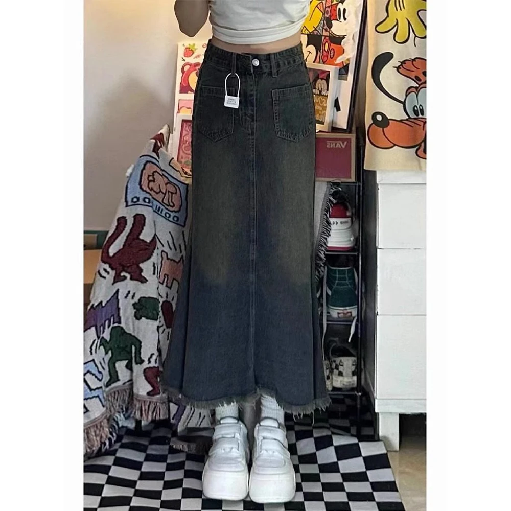 大码复古流苏牛仔半身裙女胖mm梨型身材宽松显瘦遮胯包臀中长裙子