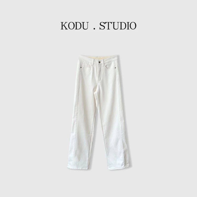 【刻度KODU】LY-4763冬季高腰百搭侧拼接加绒加厚直筒阔腿牛仔裤