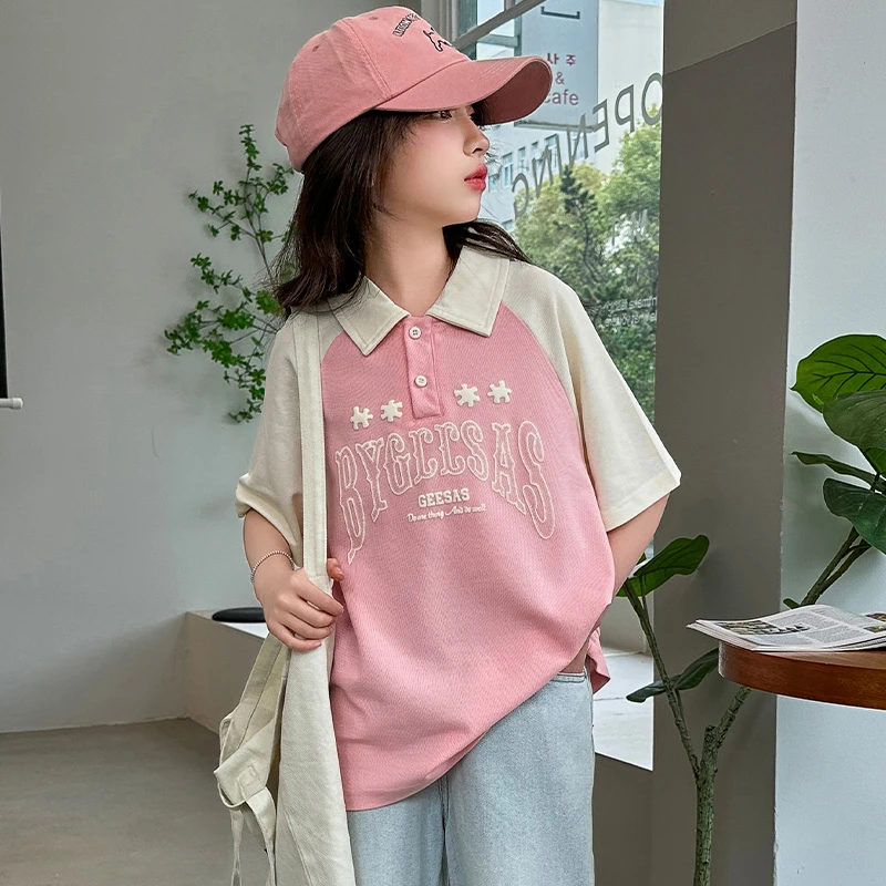 女童短袖T恤polo衫2025夏装新款拼接时髦炸街网红上衣洋气半袖T恤