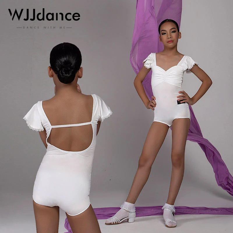 WJJdance儿童拉丁舞连体上衣女童新款花边飞飞袖露背练功服舞衣夏