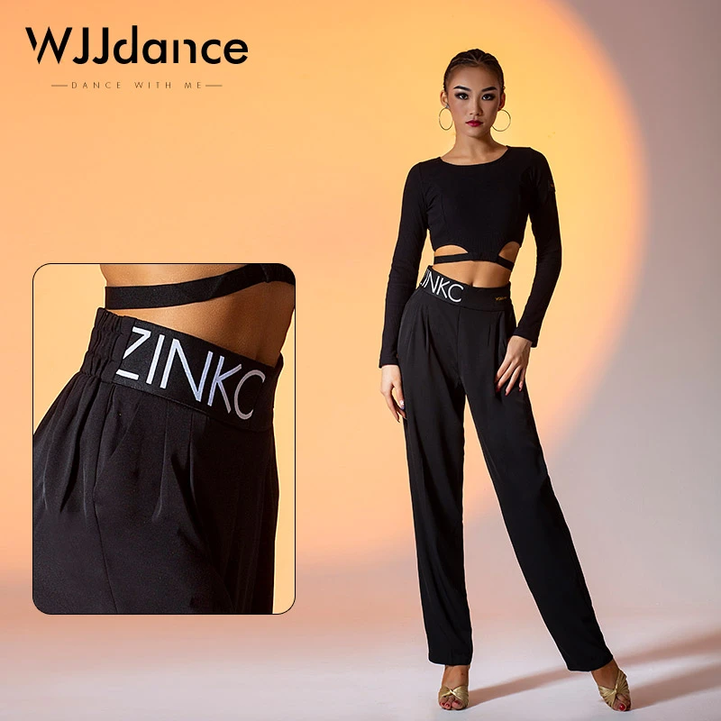 WJJdance拉丁舞裤子女2025新款字母弹力腰头高腰国标长裤练功服