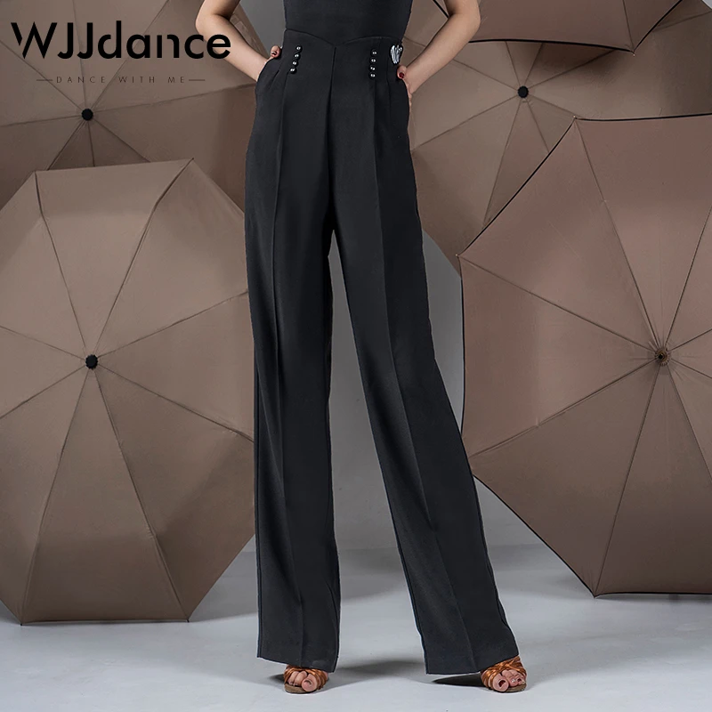 WJJdance国标舞裤子女2025新款弧形高腰双排布包扣摩登交谊长裤夏
