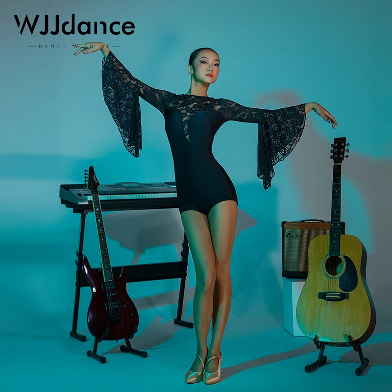 WJJdance国标舞连体上衣女新款不规则蕾丝荷叶边摩登交谊舞衣长袖