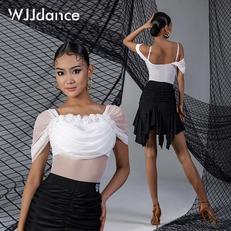 WJJdance拉丁舞连体上衣女2025修身前胸立体花朵堆堆袖练功服显瘦