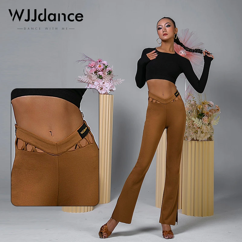 WJJdance拉丁舞裤子女2025新款腰头交叉带镂空微喇叭国标长裤专业