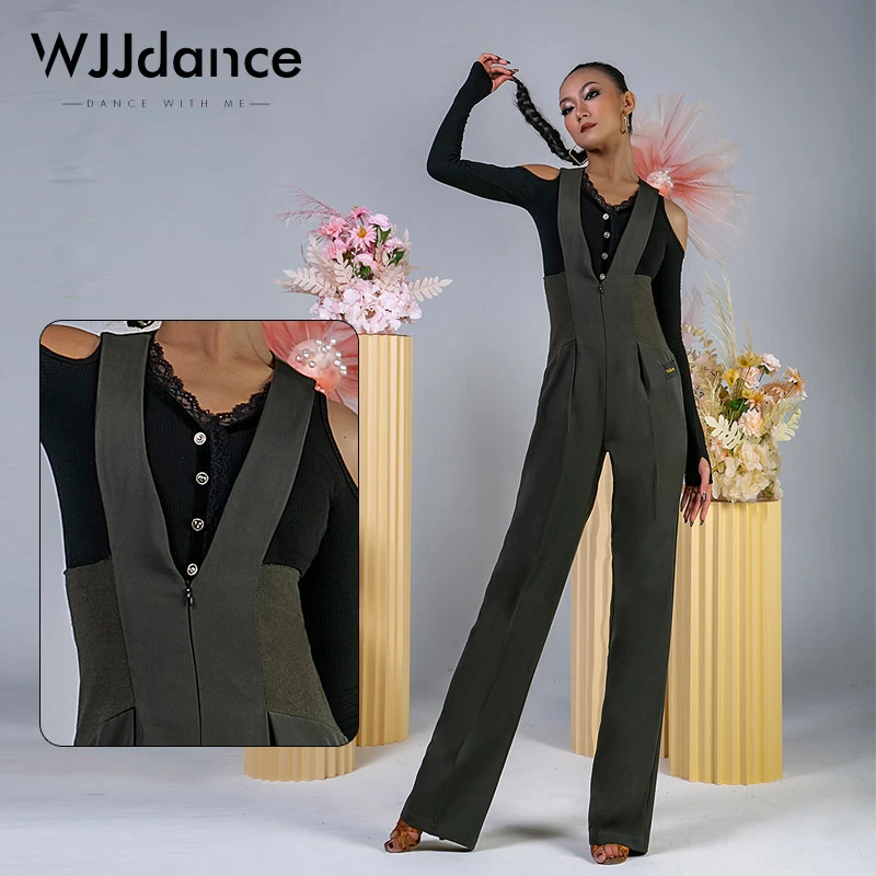 WJJdance拉丁舞背带裤女2025新款弹力腰前中拉链长裤子国标练功服