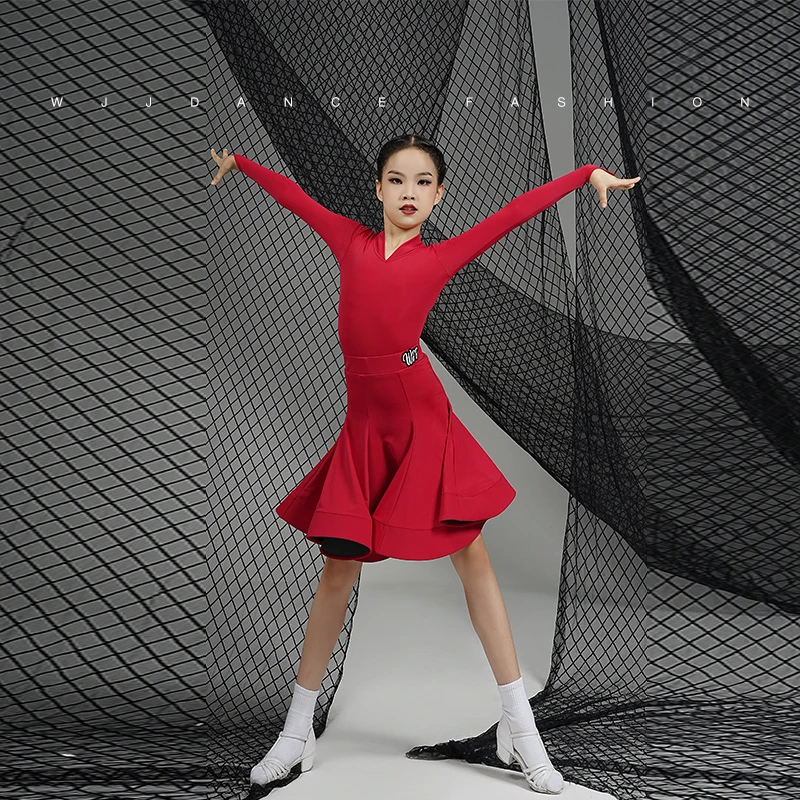 WJJdance拉丁舞服女儿童新款V型小立领分体鱼骨表演比赛规定服夏
