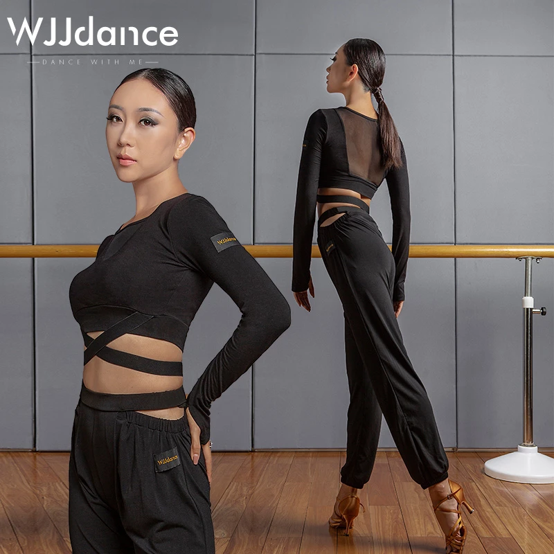 WJJdance拉丁舞上衣女成人2025新款网纱V领腰部交叉带国标练功服