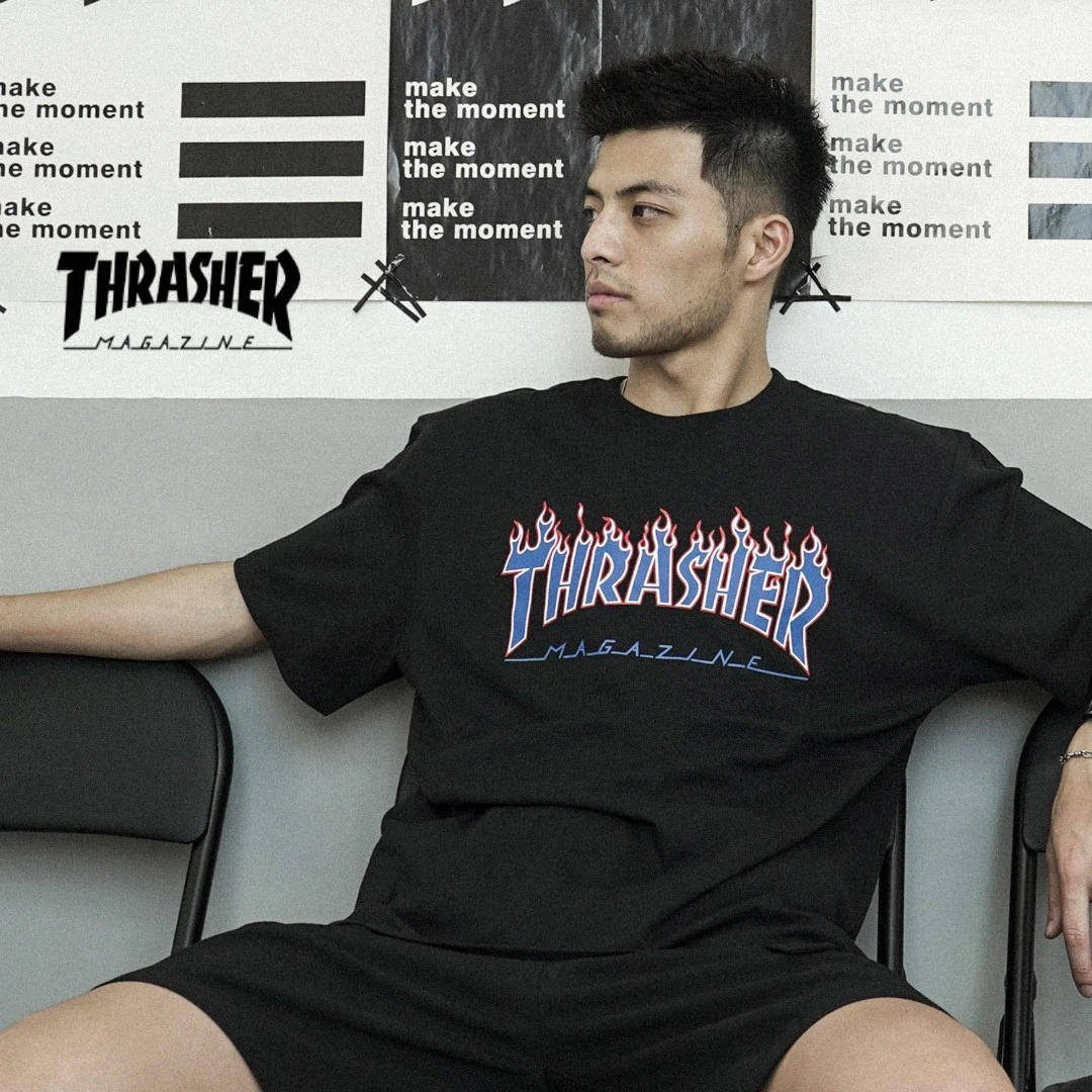 THRASHER日版二代蓝火焰LOGO印花圆领短袖T恤春夏季情侣百搭美式