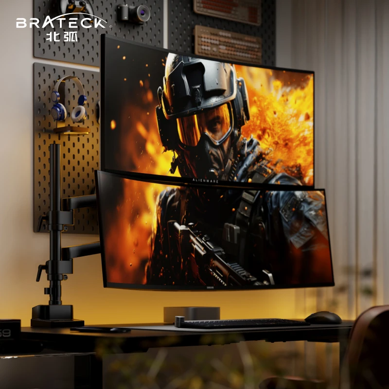 Brateck/北弧上下屏显示器支架E500pd-2 立柱式双屏免打孔机械臂