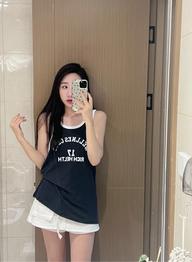 【米朵家】韩版拼色百搭字母宽松背心