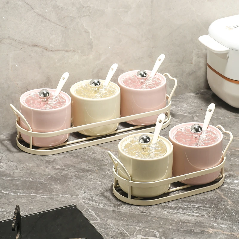 厨房调料罐陶瓷调味罐调料盒套装家用双层味精辣椒盐罐壁挂收纳架