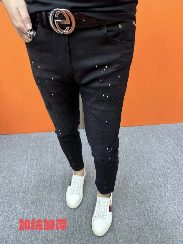 秋冬新款黑色九分牛仔裤点漆破洞修身小脚男牛仔裤子加绒牛仔裤