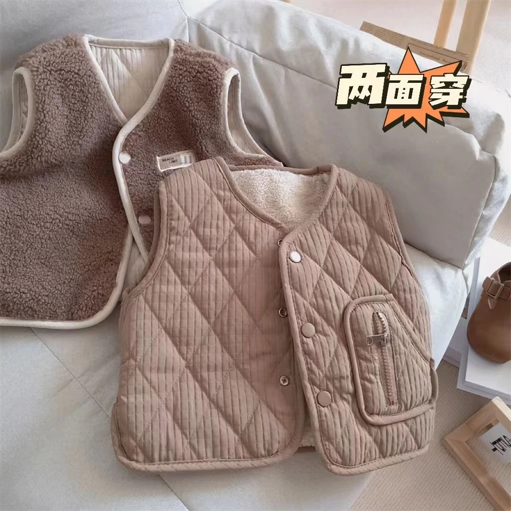 儿童加厚保暖背心男女童韩版秋冬百搭加绒双面穿羊羔绒马甲外套