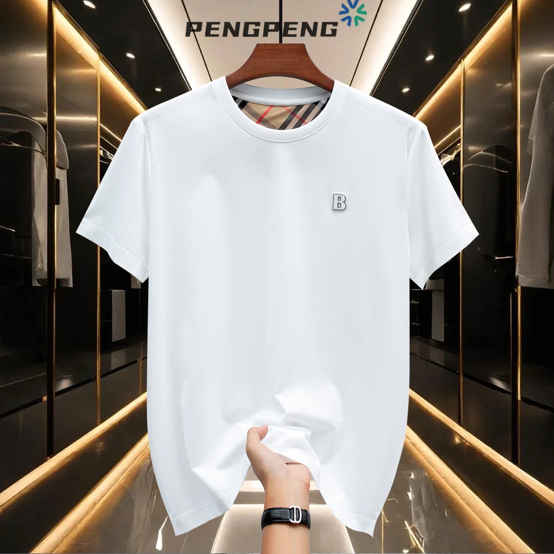 2025新款爆款t恤男士时尚休闲夏季百搭半袖修身丝光棉圆领T恤-T