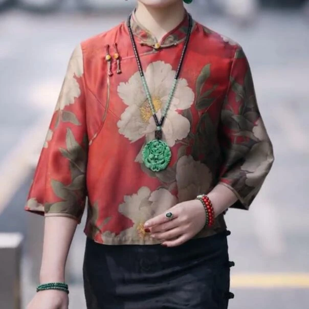 中式国风印花盘扣上衣2023春夏新款牡丹花短衬衫百搭时尚